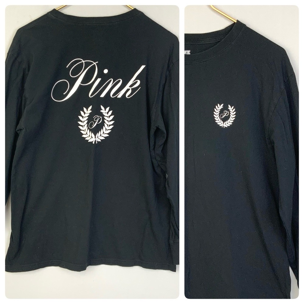 PINK Victoria's Secret Sz XS Black White Logo Crew Neck Long Sleeve T-Shirt